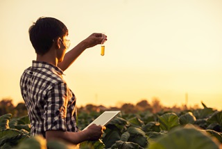 Researcher in a field with a tablet and test tube